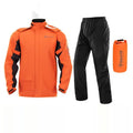 Adult motorcycle rain suit set with raincoat, rain pants, hidden shoe covers, and storage bag