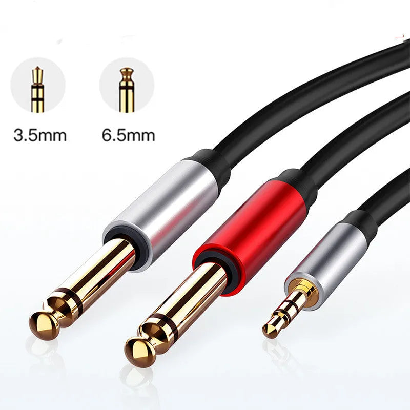 3.5mm to 6.35mm male-to-male stereo audio cable with gold-plated connectors on a black background.