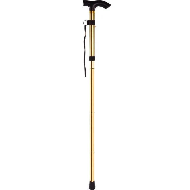 Aluminium folding walking stick extended to show adjustable height and rubber tip
