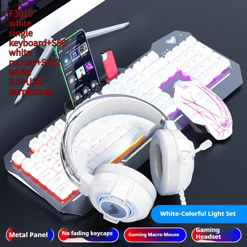 Black and white wired keyboard mouse headset bundle for desktop computer setups