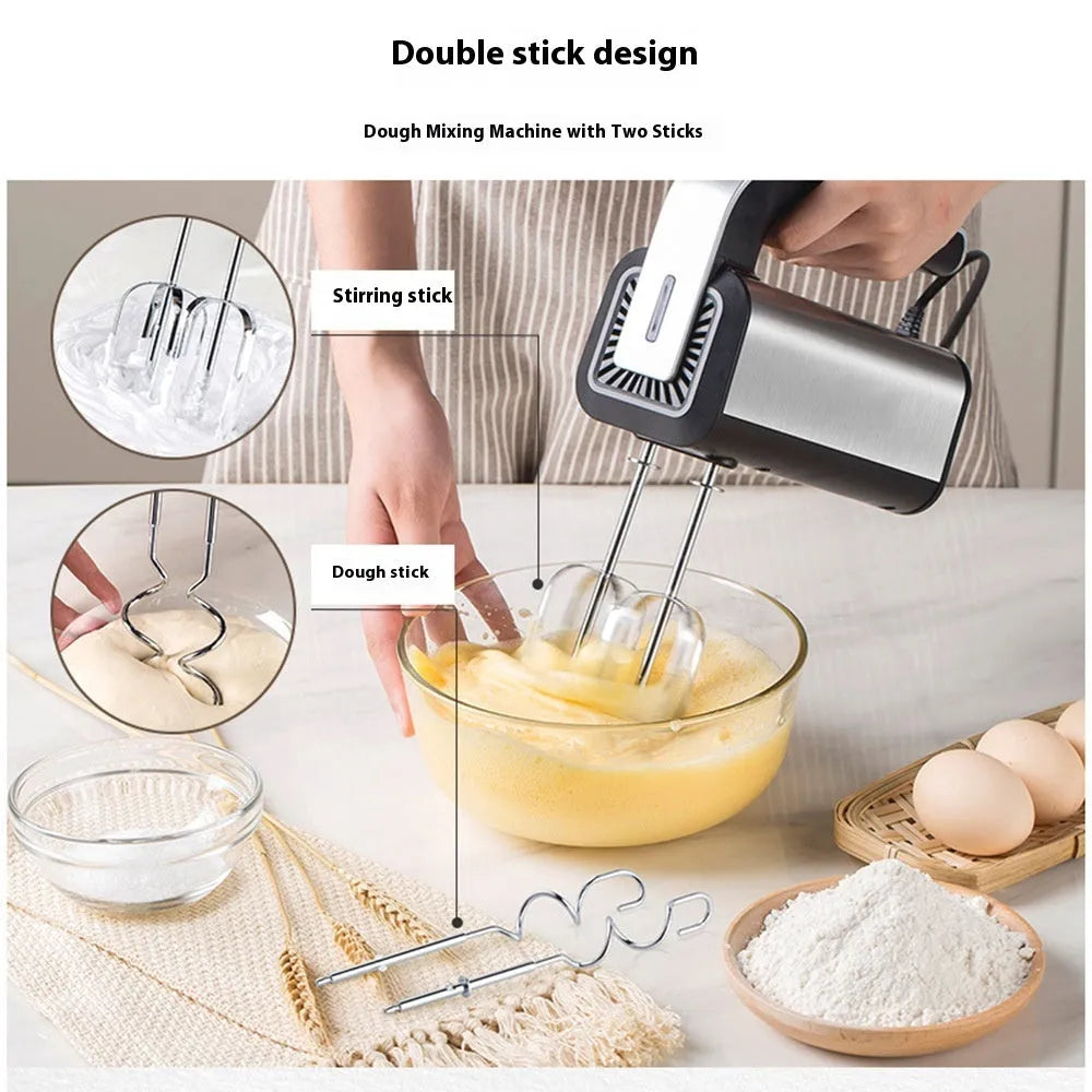 Silver handheld electric whisk with 5-speed control dial