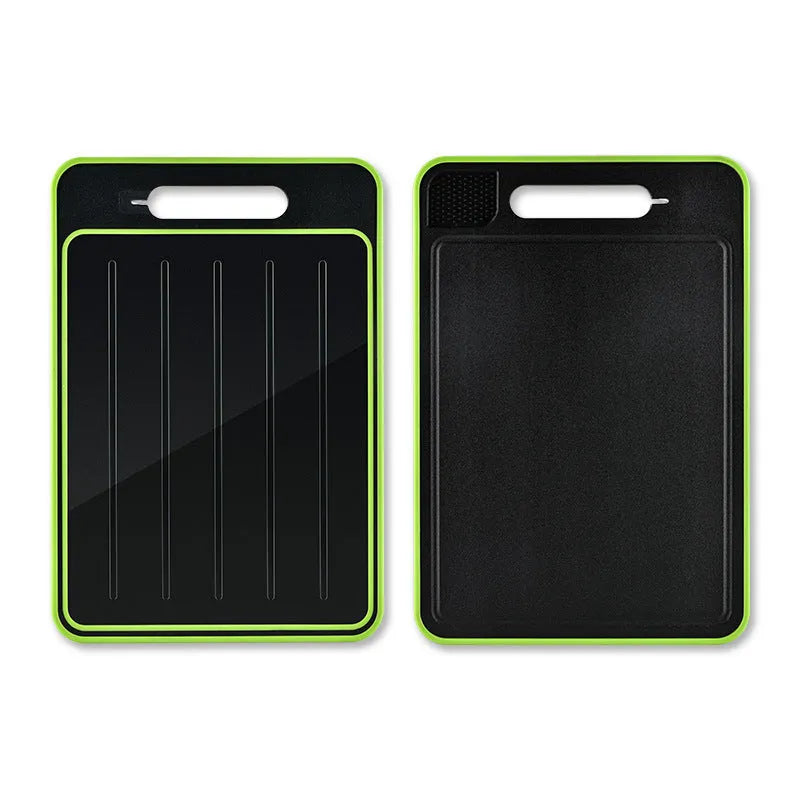 Grey square double-sided aluminium cutting board with hanging loop, defrosting surface, and built-in whetstone