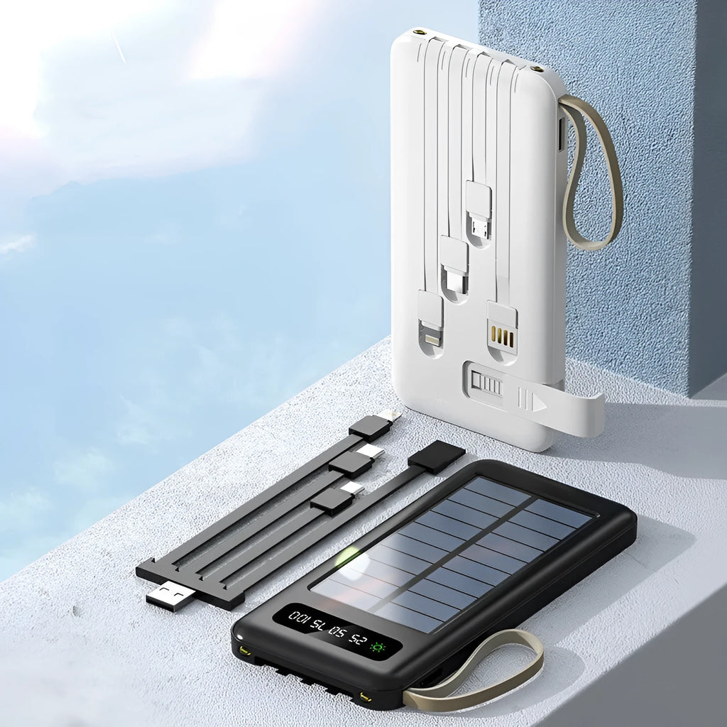 Black and white solar power bank showing front panel with solar cells and dimensions 144x68x16mm.