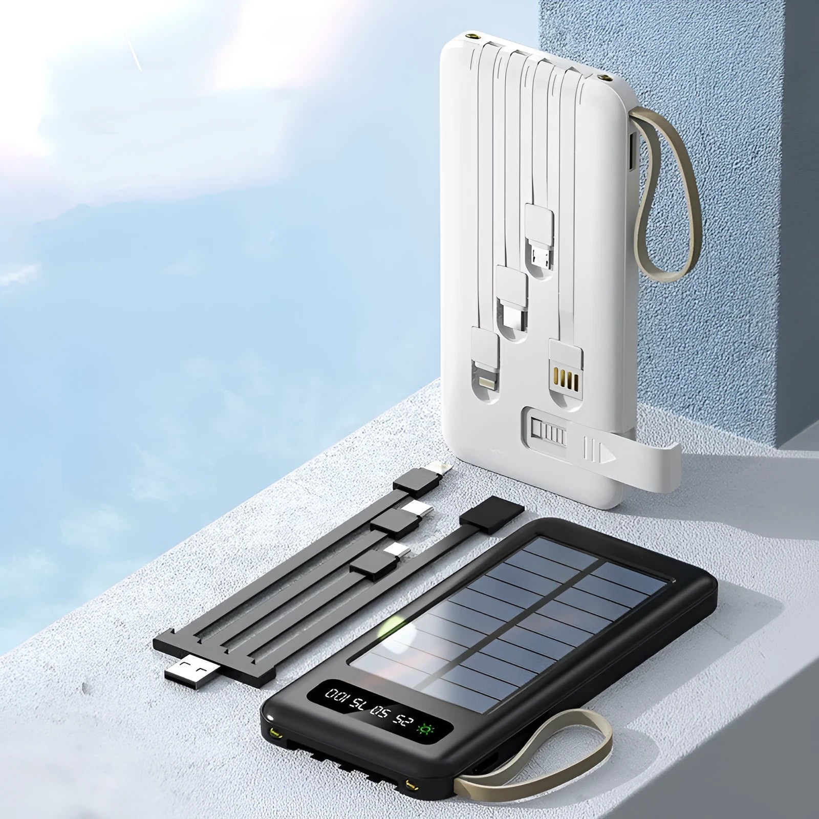 Black and white solar power bank showing front panel with solar cells and dimensions 144x68x16mm.
