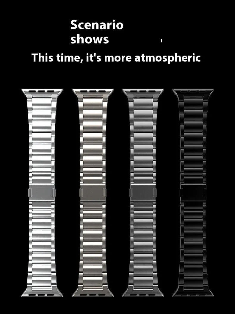 Titanium alloy magnetic snap watch strap for Apple Watch in silver colour on a wrist