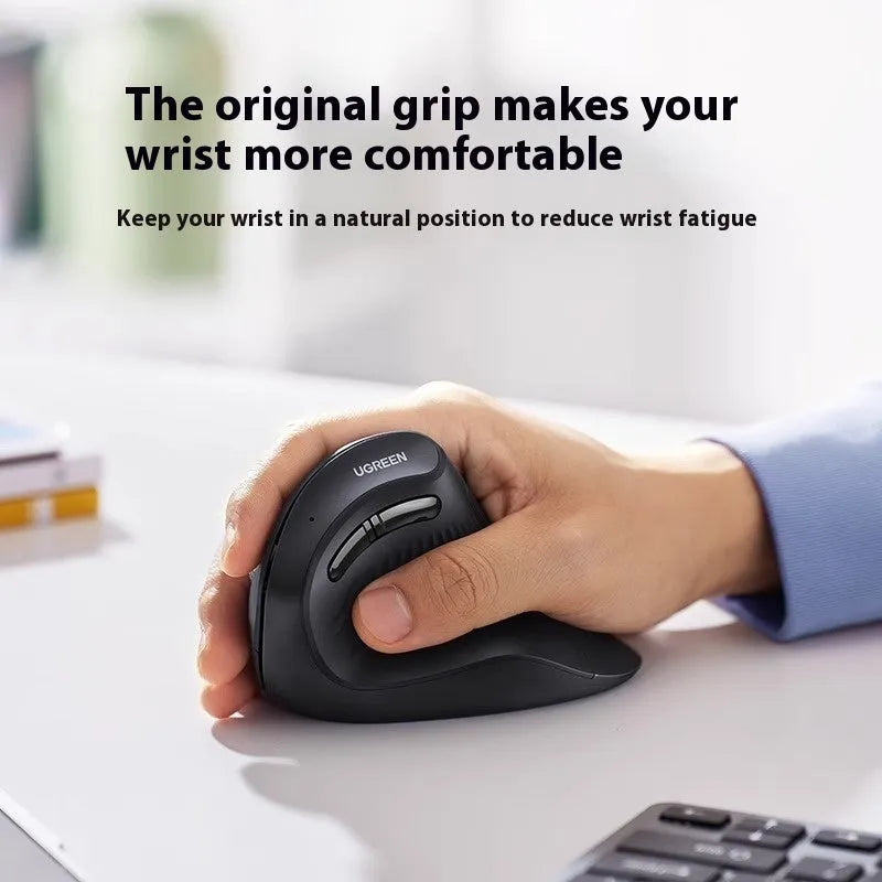Ergonomic vertical dual-mode wireless mouse MU008 in black, with silent click buttons and DPI adjustment
