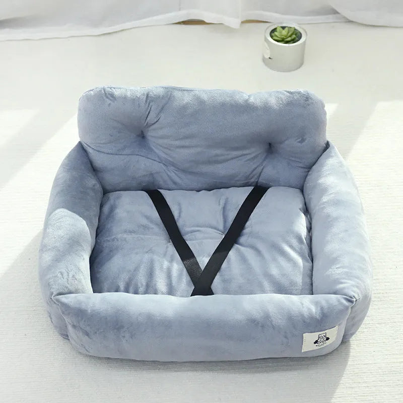 Blue plaid and grey cloth car-mounted pet travel nests shown in small and large sizes