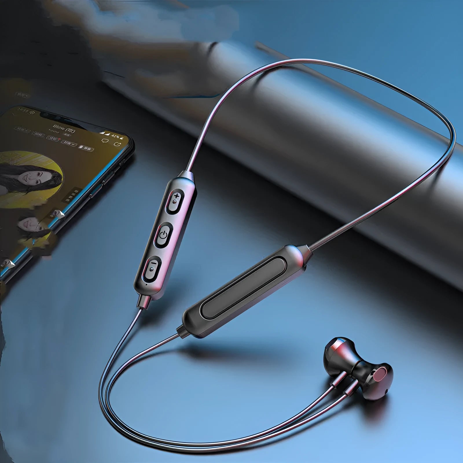 Black neck-mounted wireless Bluetooth sports earphones with custom logo printing option