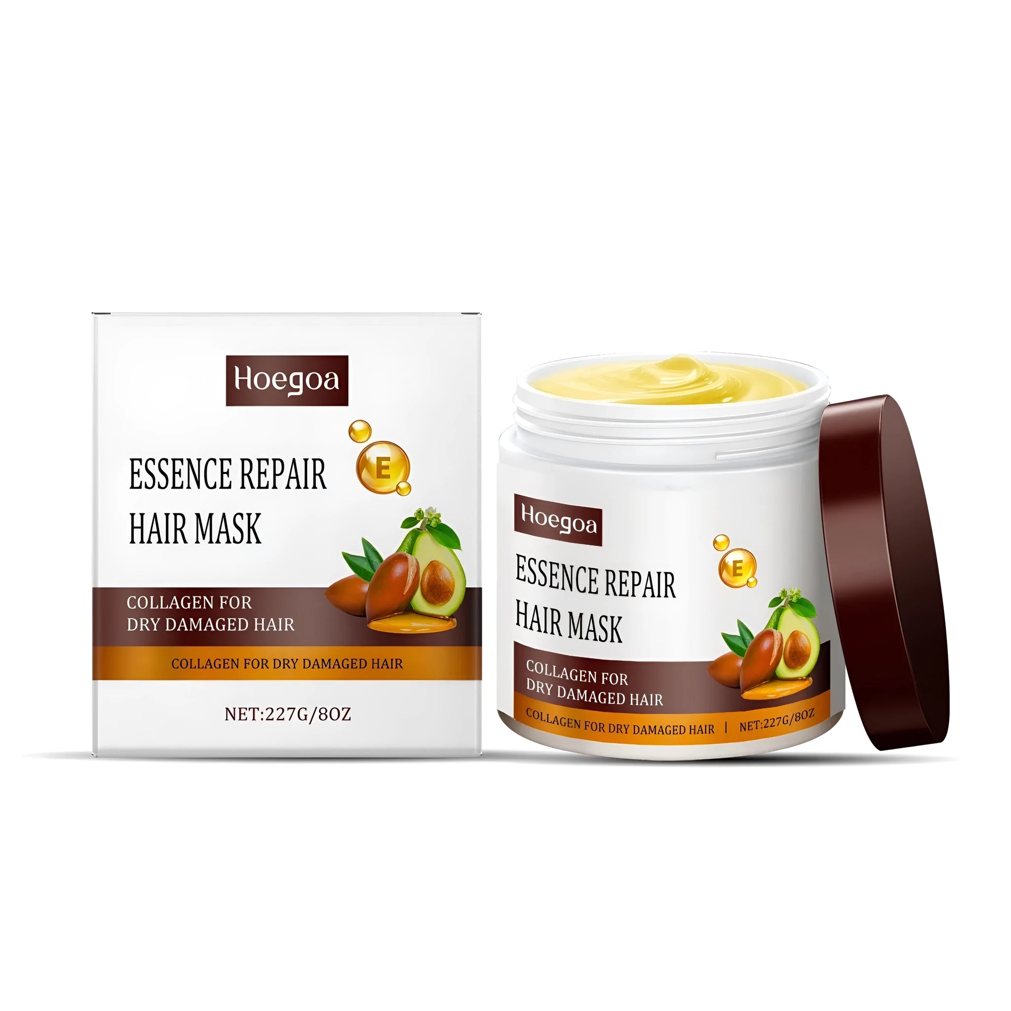 Collagen repair hair mask in a white pot with blue lid, 227g, on a clean background
