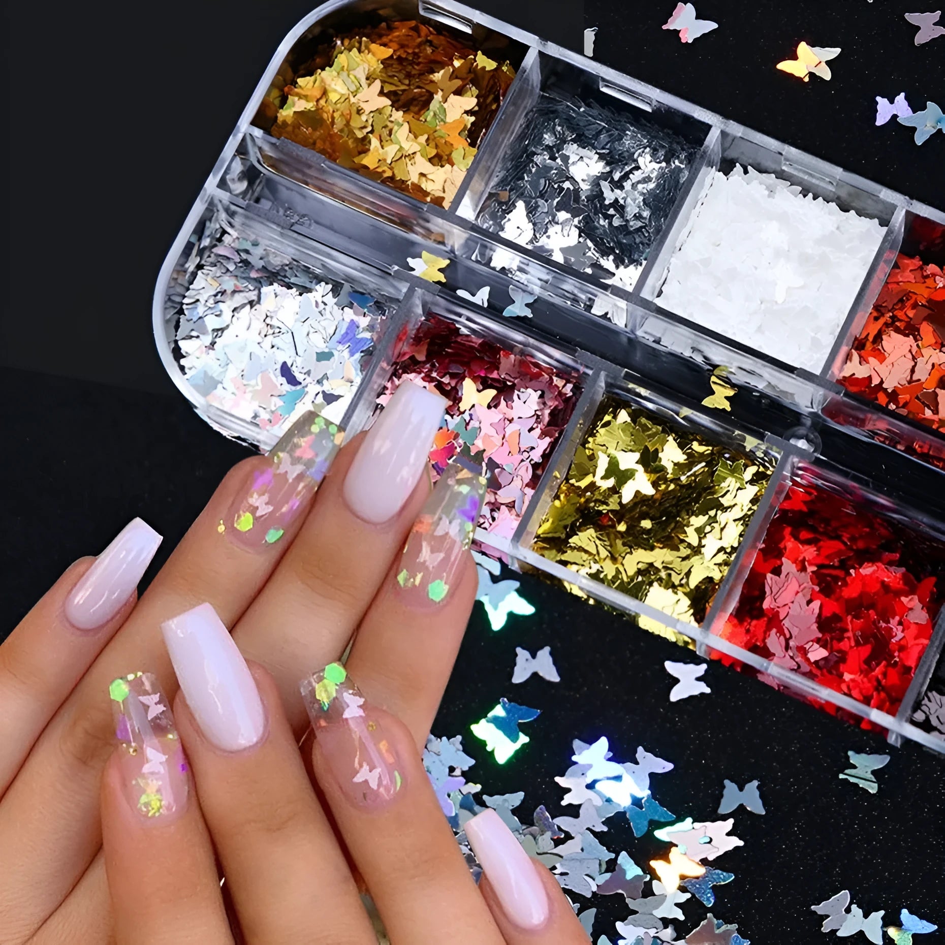 Butterfly sequin nail decoration in 12-colour glitter mix in a case for nail art