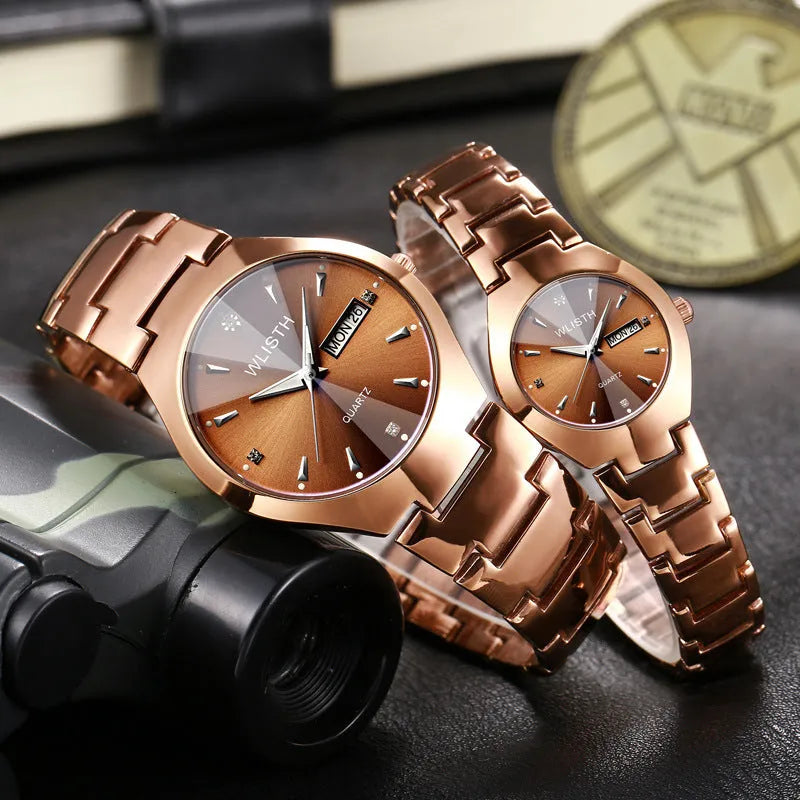 Coffee gold luminous couple watch with alloy strap and mineral glass dial displayed on light background