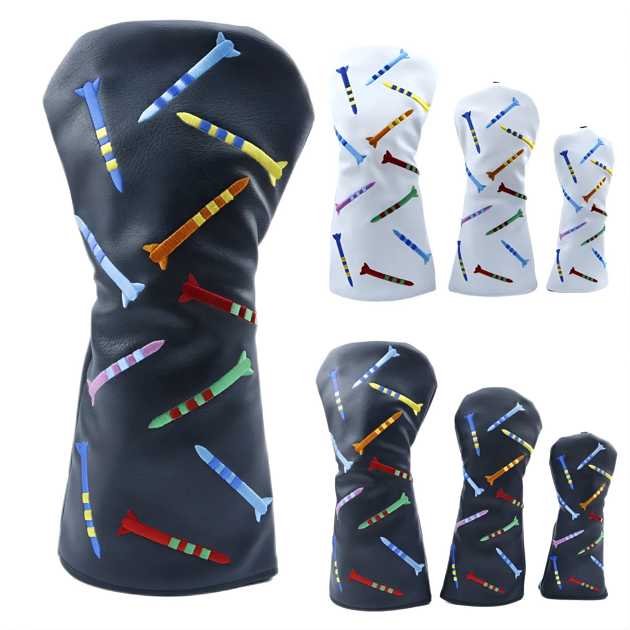 Golf club wooden pole sets in black and white colours with large, medium, and small size options