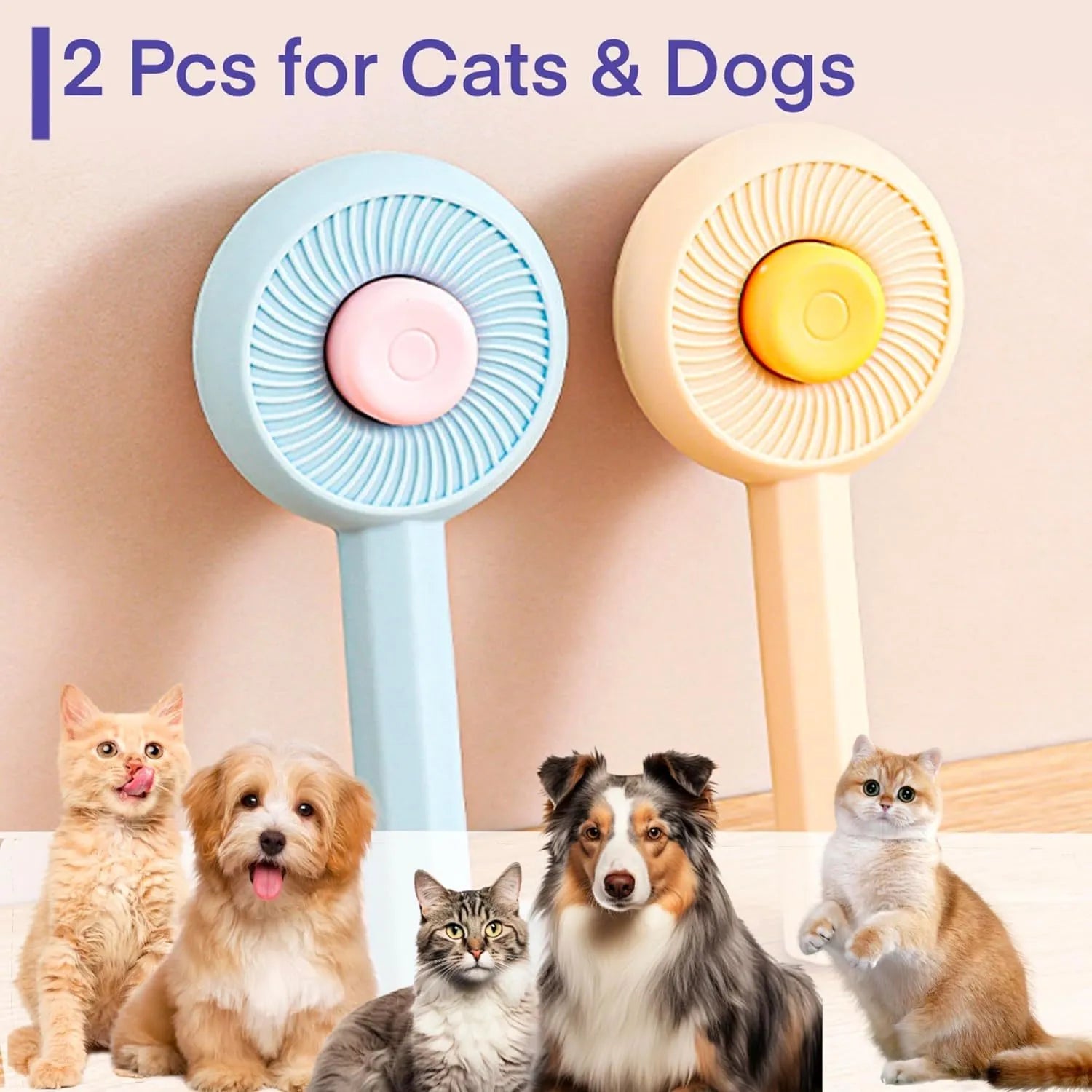 Blue pet grooming brush with self-cleaning button and angled metal bristles