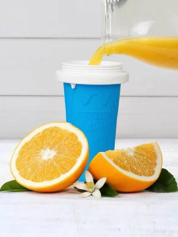 Blue quick refrigeration pinch cup with pinch activation for instant drink cooling