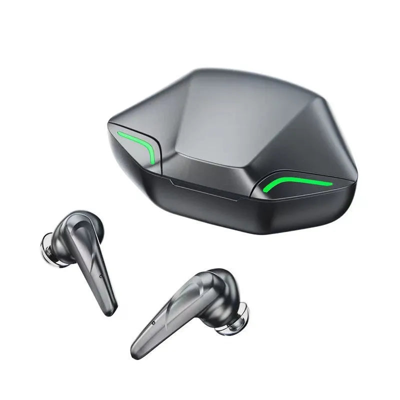 Wireless gaming headset in black with single earpiece and charging cabin showing 22x36x25mm dimensions