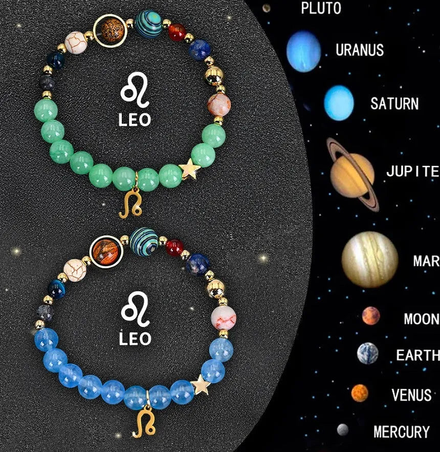 Two natural stone beaded bracelets with Chinese zodiac animal designs on elastic wristbands.