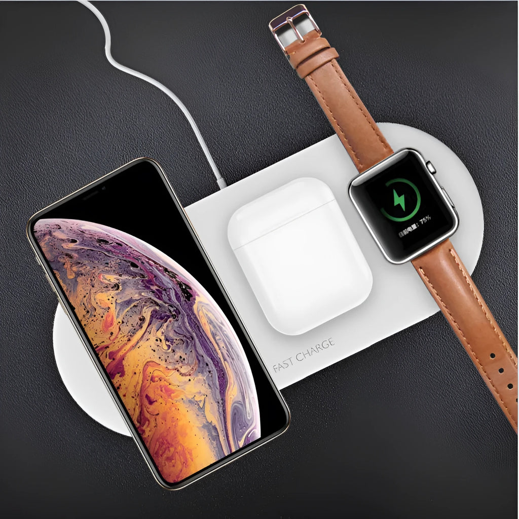 Black three-in-one wireless charging station for Apple iPhone iWatch and AirPods on a desk