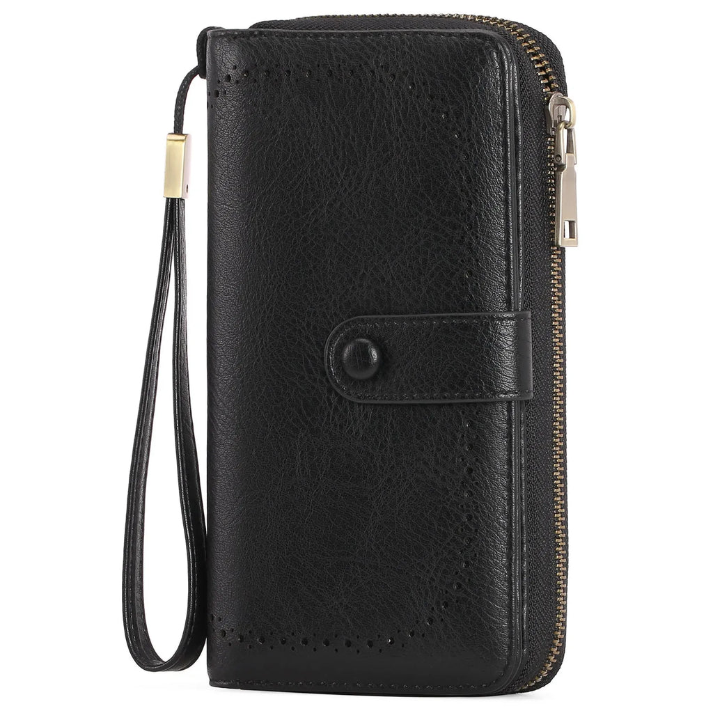 Women's long expanding card holder wallet in synthetic leather with anti-theft swiping feature