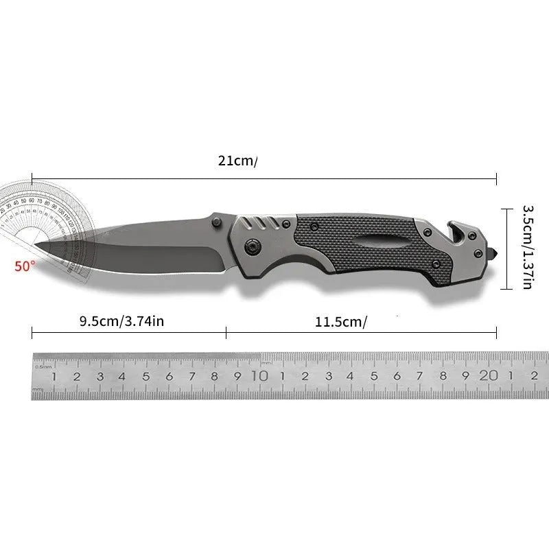 Alloy folding knife with blade extended showing 60-degree tip angle and 115mm handle