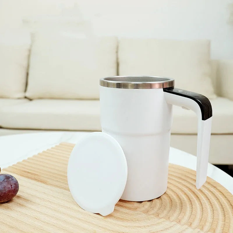 Rechargeable 380ml automatic stirring coffee mug with magnetic stirrer, temperature display, and stainless steel interior in black