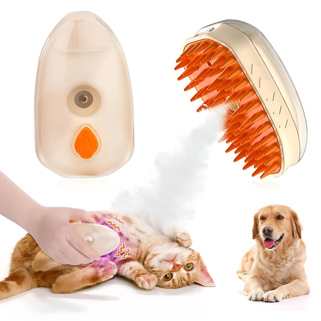 Yellow cat steam brush with 4-in-1 functions including vibration massage and ringworm detector