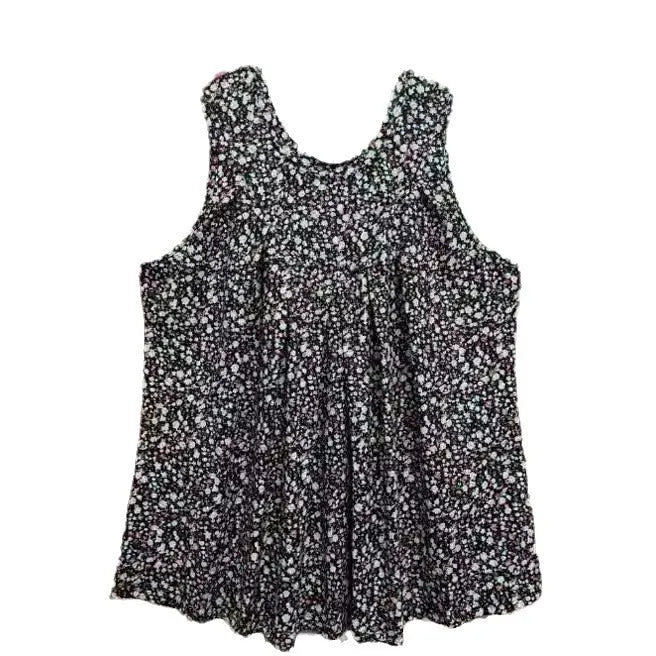 Black floral print sleeveless vest on a hanger, loose fit plus size women's top.