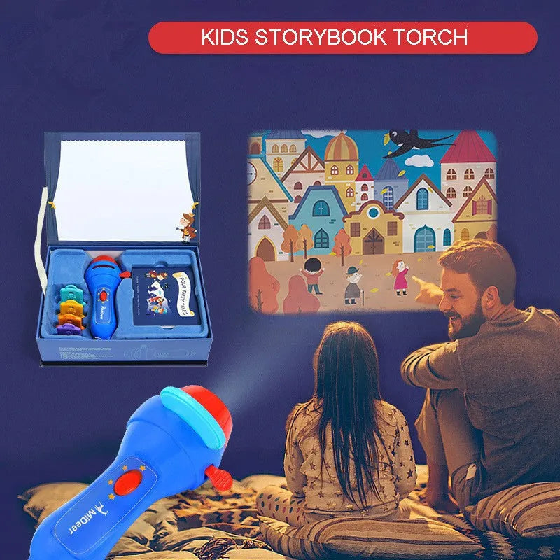 SmartKids children's story projector torch with four fairy tale discs projecting images onto a wall
