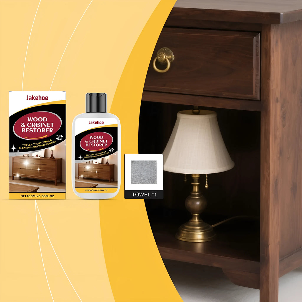 Wooden furniture scratch care solution set showing 100ml bottle and 20x20cm microfibre towel