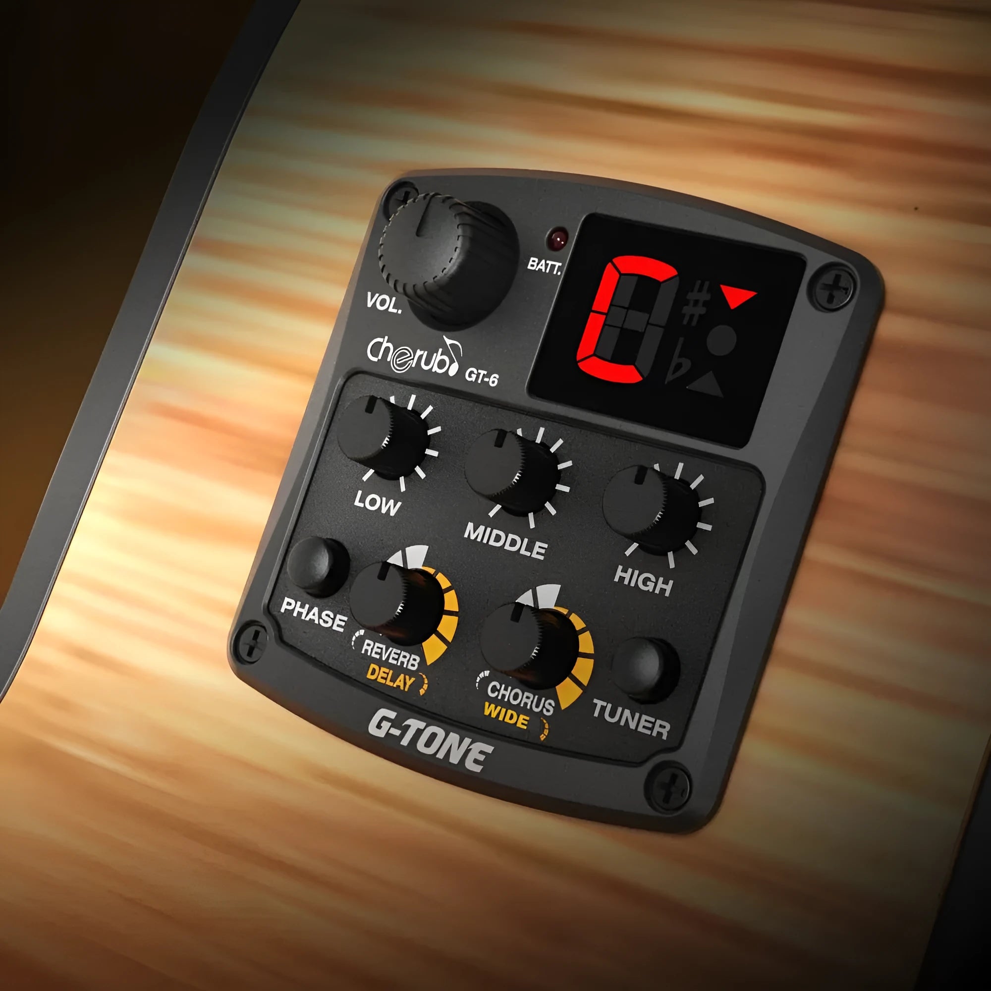 Cherub GT-6 black acoustic guitar pickup preamp with EQ knobs and effects controls.