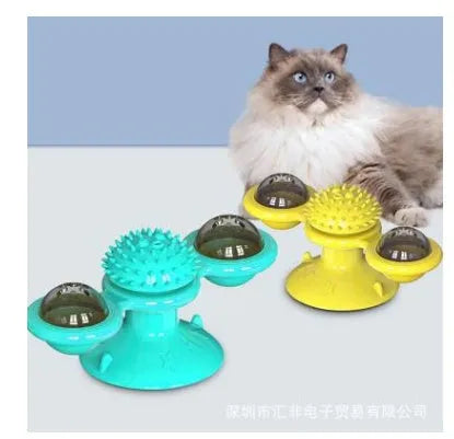 Cat rotating windmill toy with suction base and two transparent bins on blades