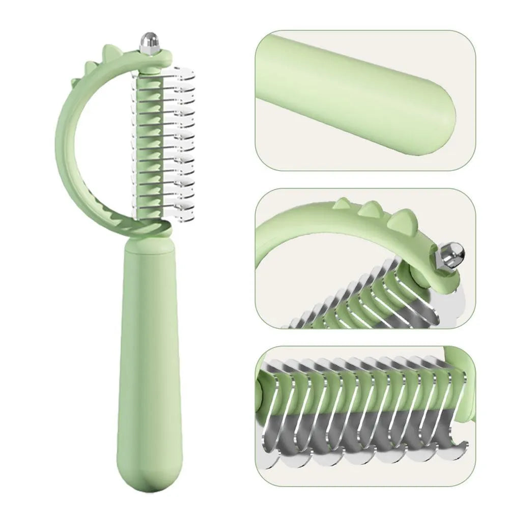 Blue dinosaur-shaped self-cleaning cat brush with double-sided stainless steel bristles