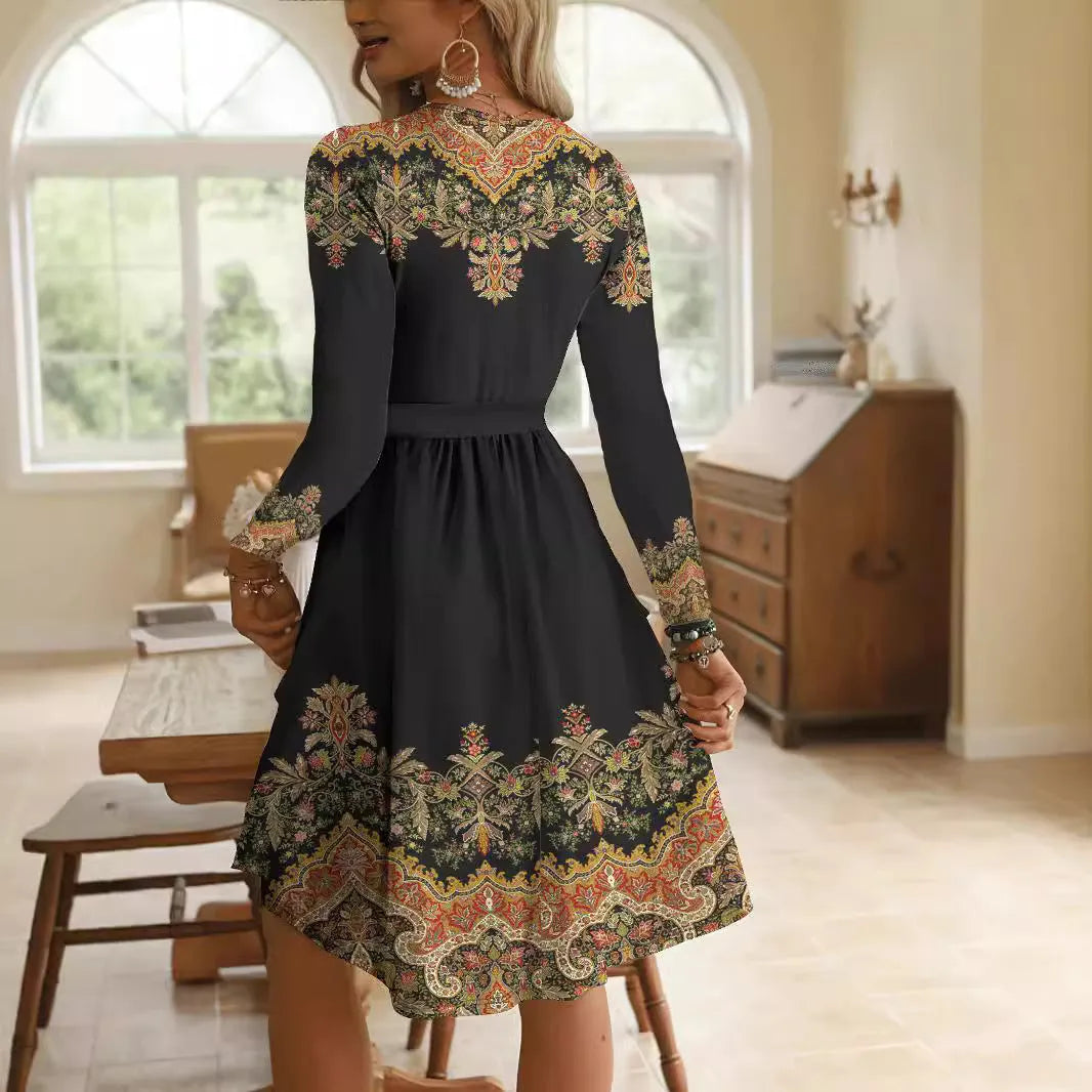Black printed round neck long sleeve belt mid-length waist dress in polyester milk silk fabric