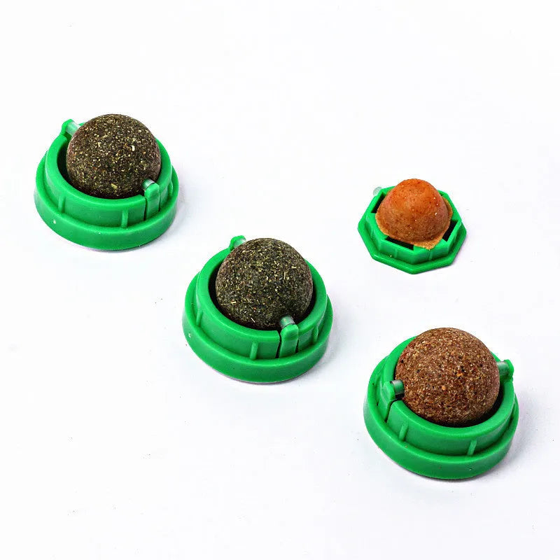 Plastic catnip ball toy in assorted colours with a textured surface for feline teeth cleaning.