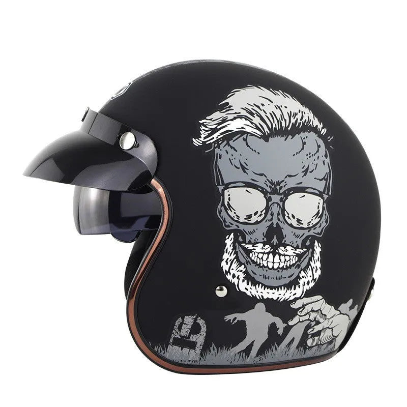 Retro style half helmet for motorcycle riding shown in multiple colour options on a grey background