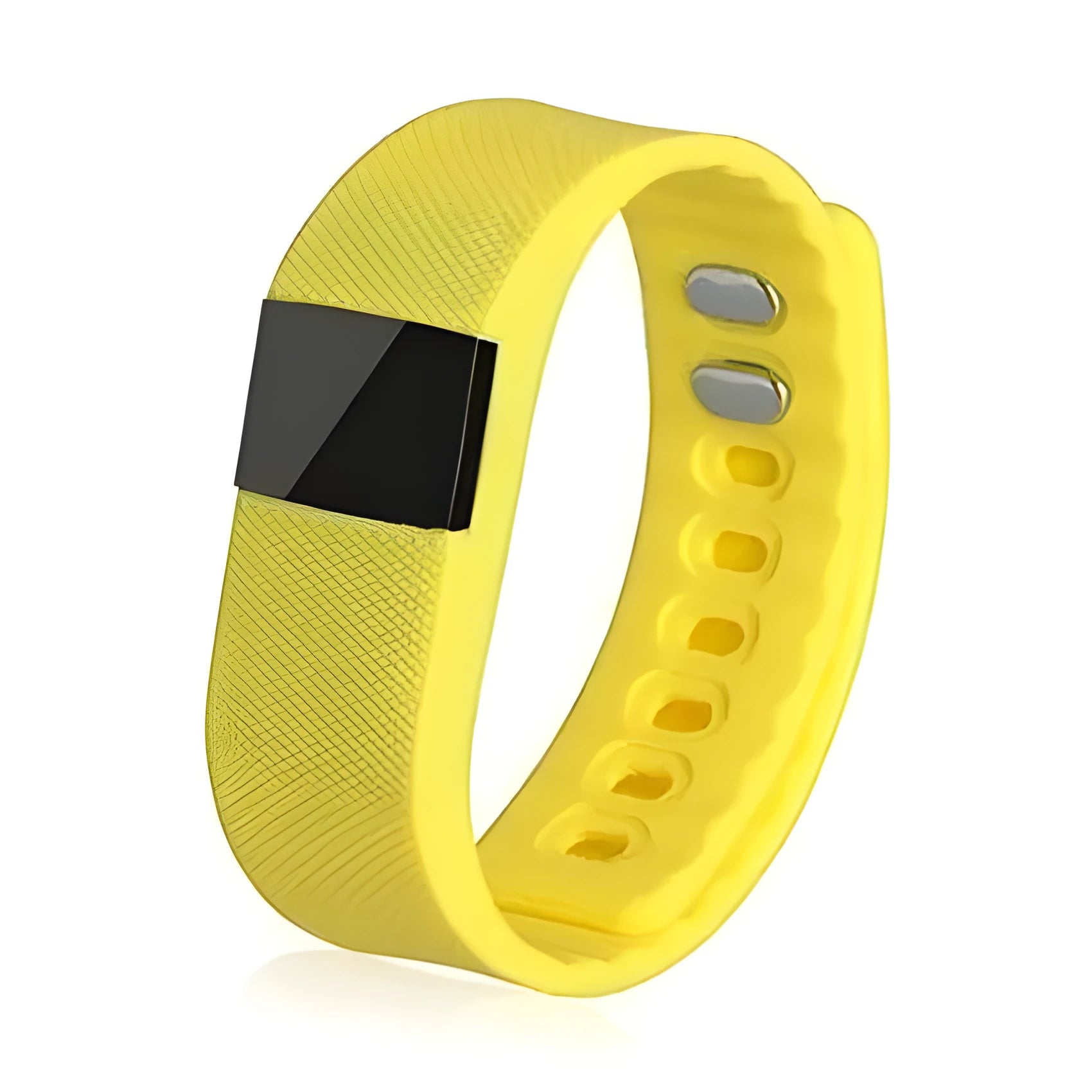 Ordinary bracelet pedometer in black, blue, green, orange, or yellow, showing display on 20mm wide wristband.