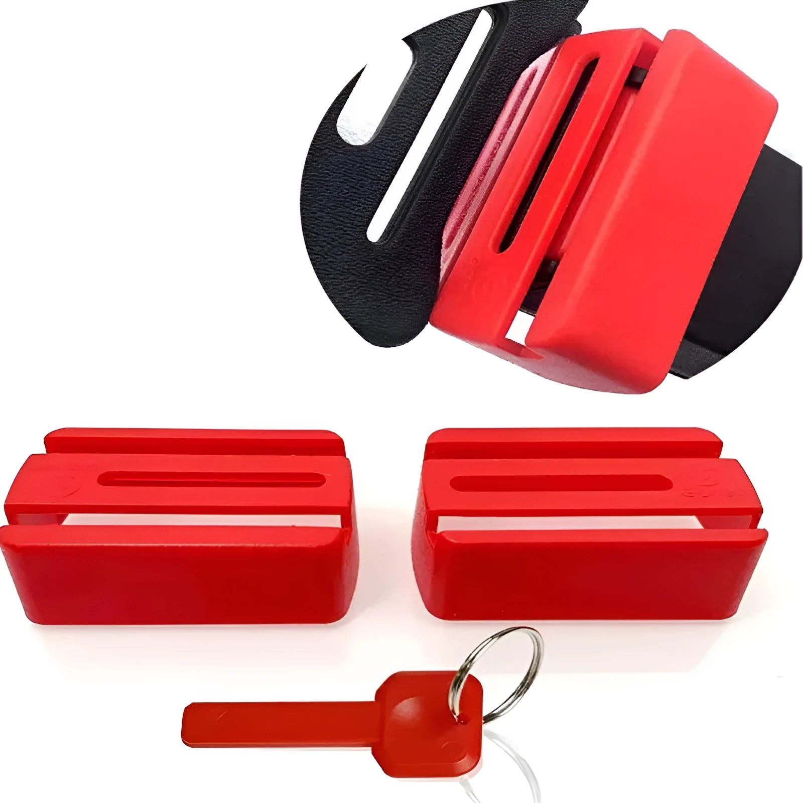 Black ABS plastic seat belt lock clamp holder securing car seat belt buckle