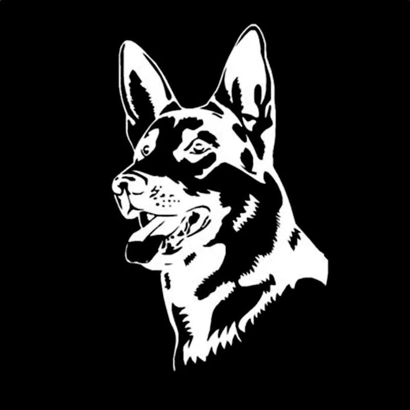 Reflective Alsatian German Shepherd dog bumper sticker on a car, showing colour options.
