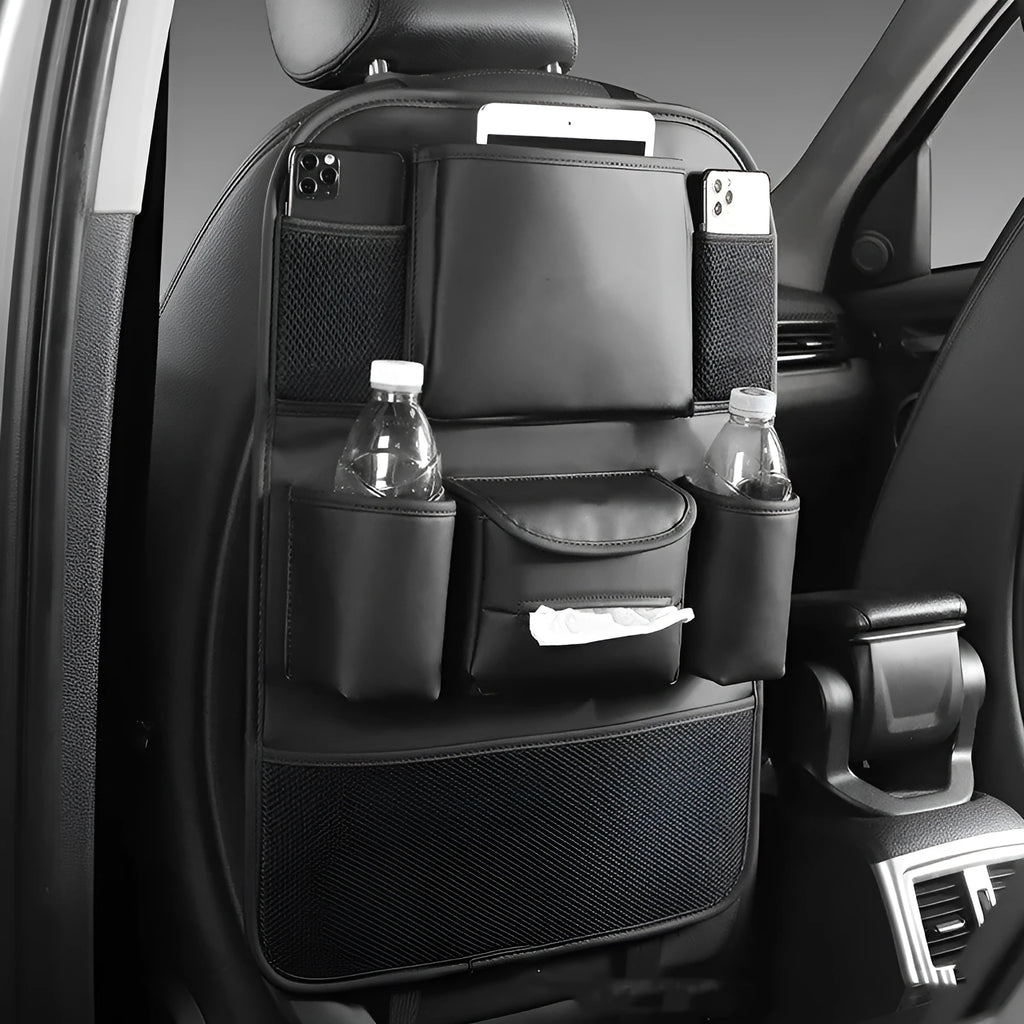 Leather car seat back storage bag in black, brown, green or grey colour hanging behind vehicle seat