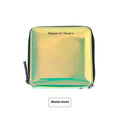 Short Korean style PU leather women's folding wallet in glitter, blue or green, showing compact 11cm size.