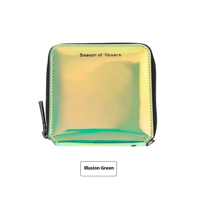 Short Korean style PU leather women's folding wallet in glitter, blue or green, showing compact 11cm size.