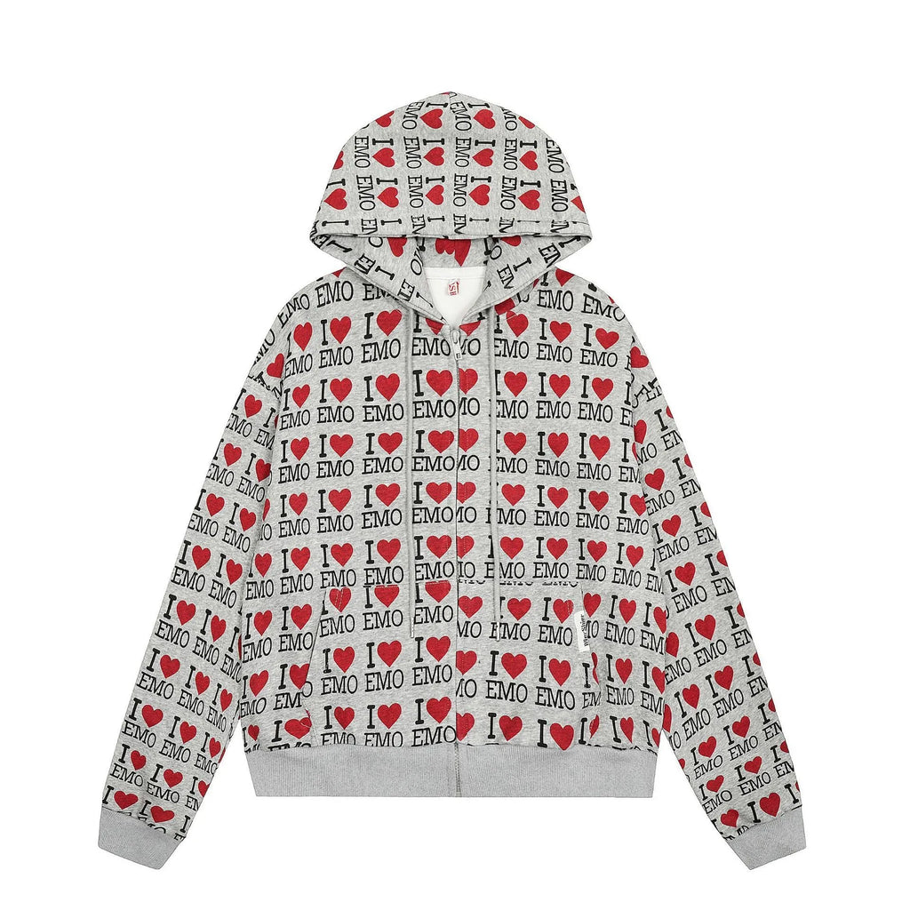 Women's grey cotton hooded cardigan with retro pattern and long sleeves
