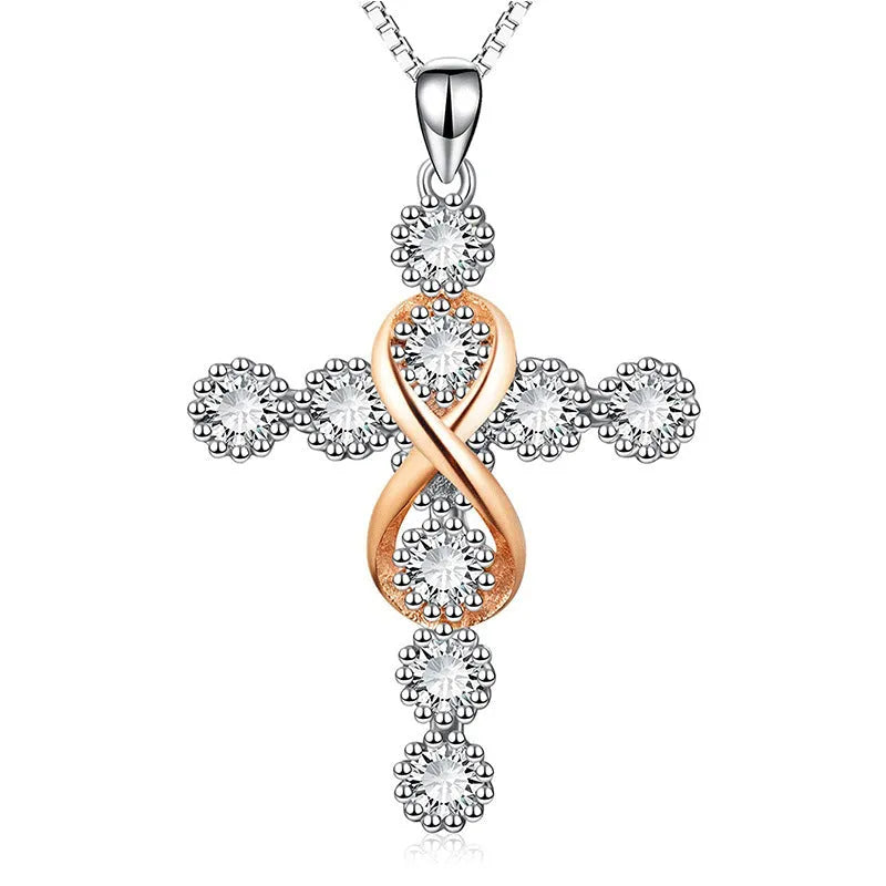 Women's faith cross 8 diamond pendant necklace in photo colour, alloy box chain, adjustable 21-50 cm