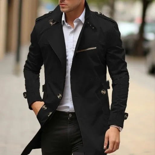 Men's mid-length cotton casual jacket with lapel collar in army green.