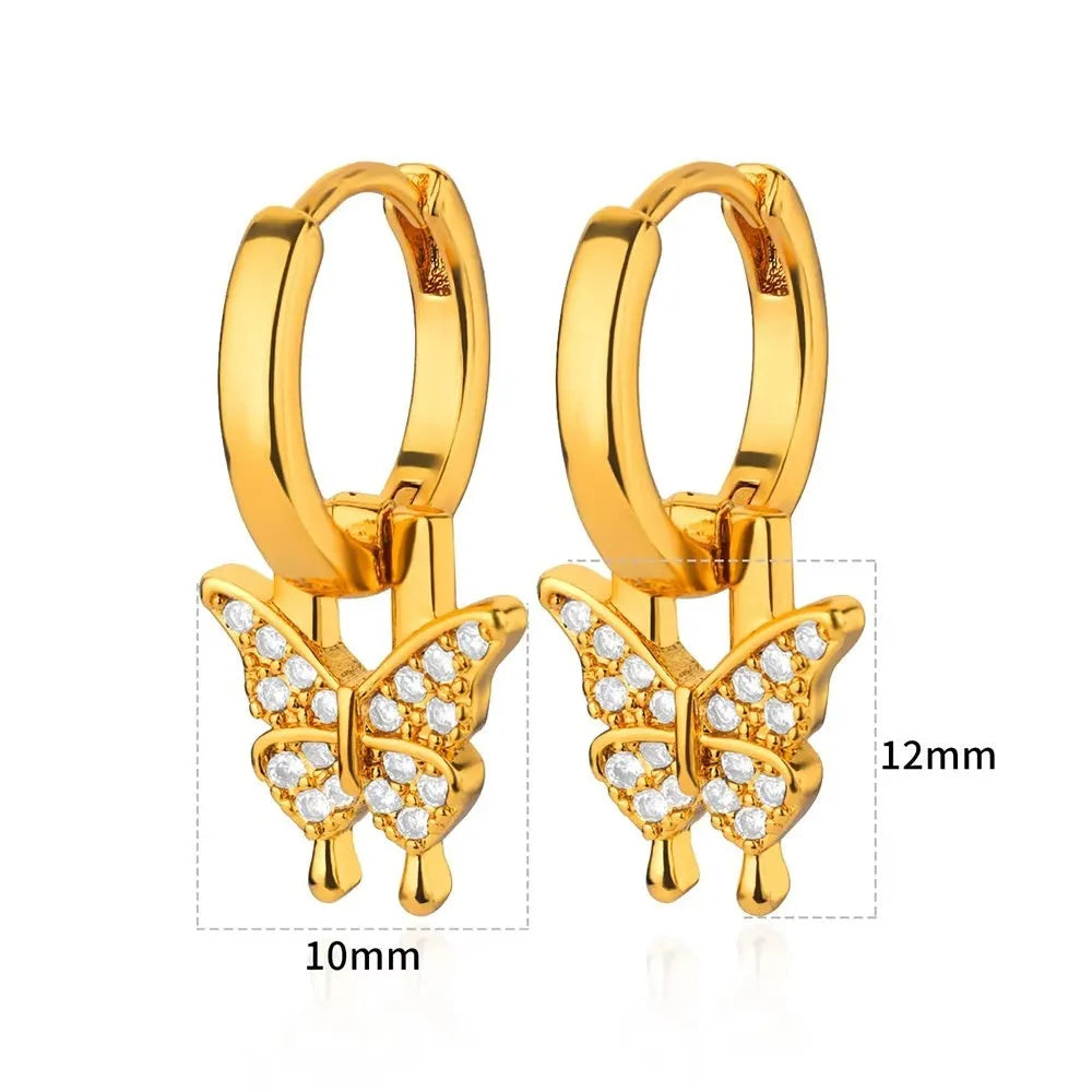 Women's geometric butterfly earrings with heart, bow and star shapes in copper with diamond finish