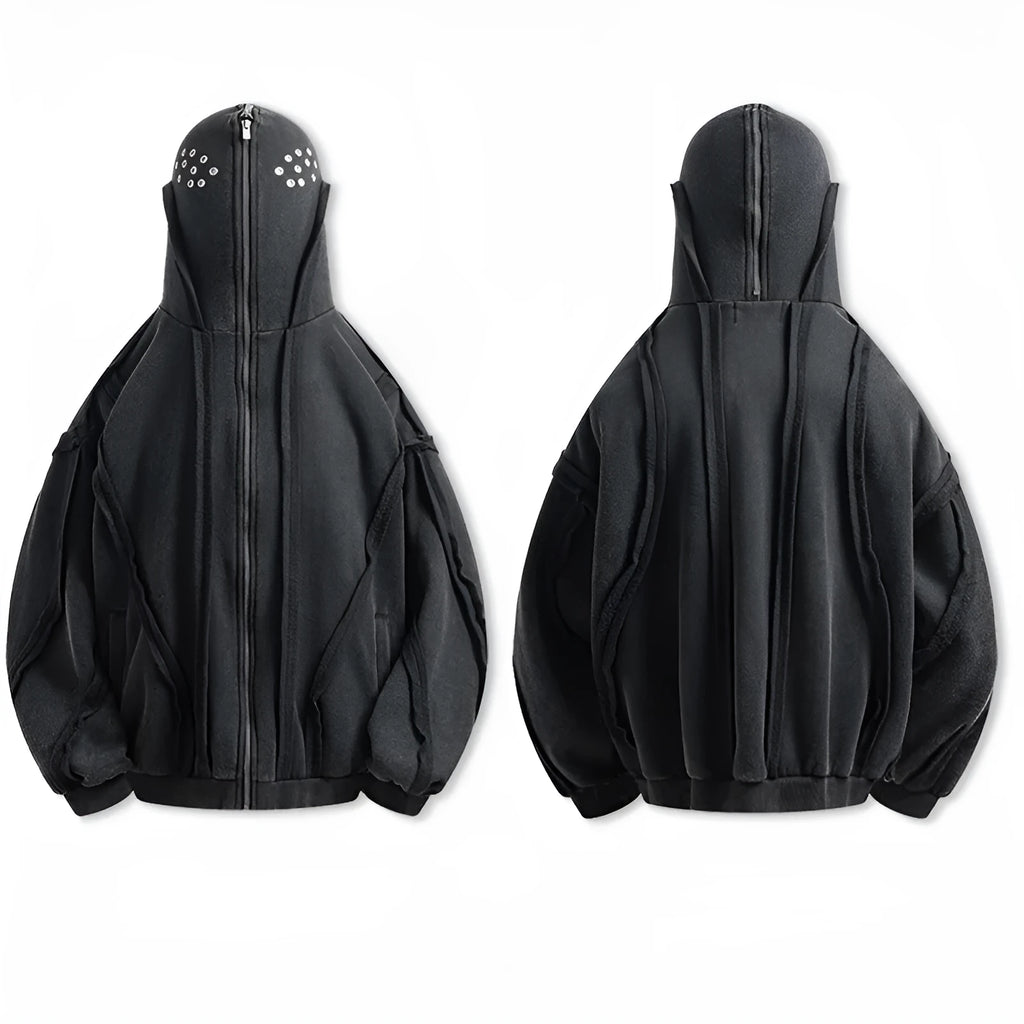 Black men's cotton hooded cardigan coat with retro abstract pattern and zip closure