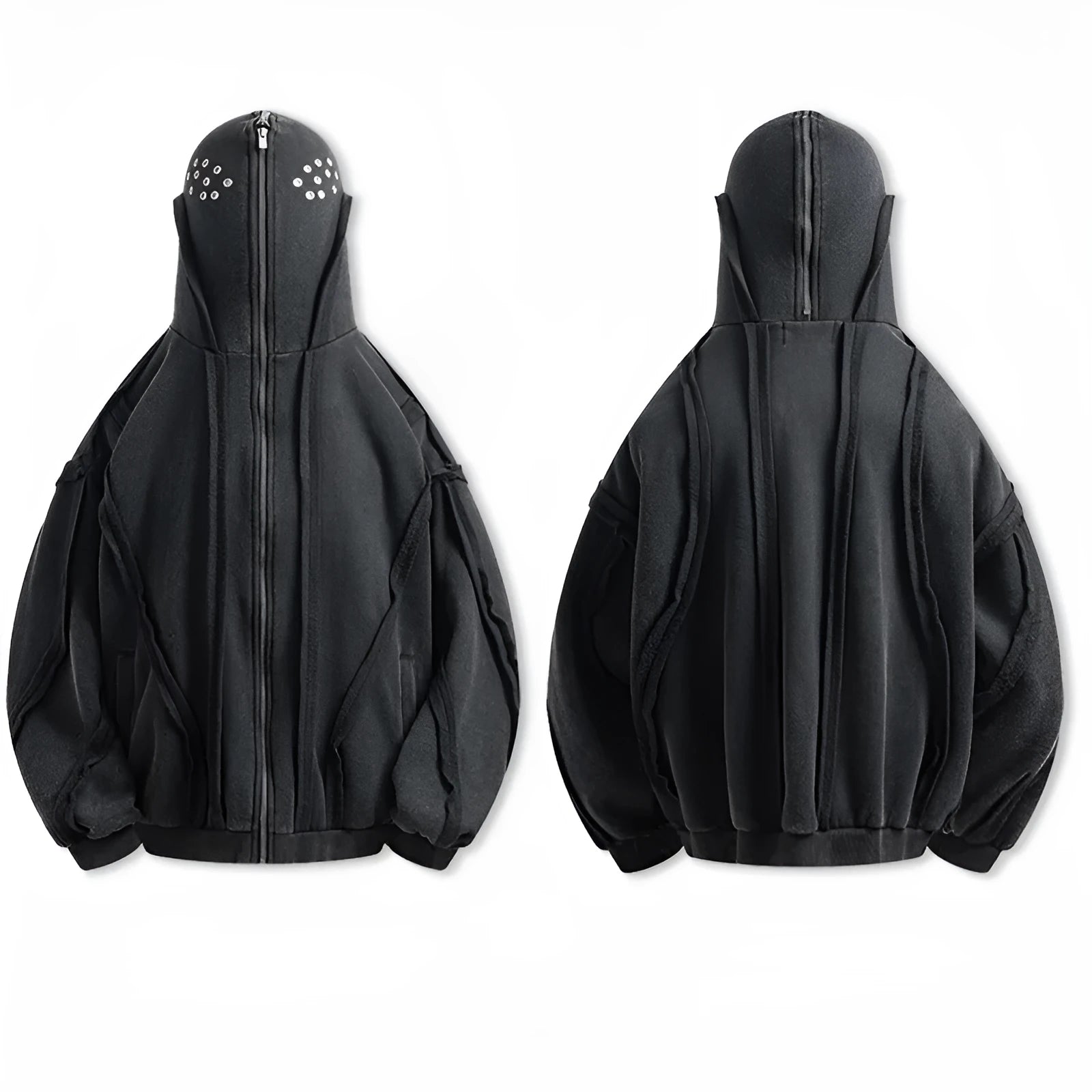 Black men's cotton hooded cardigan coat with retro abstract pattern and zip closure