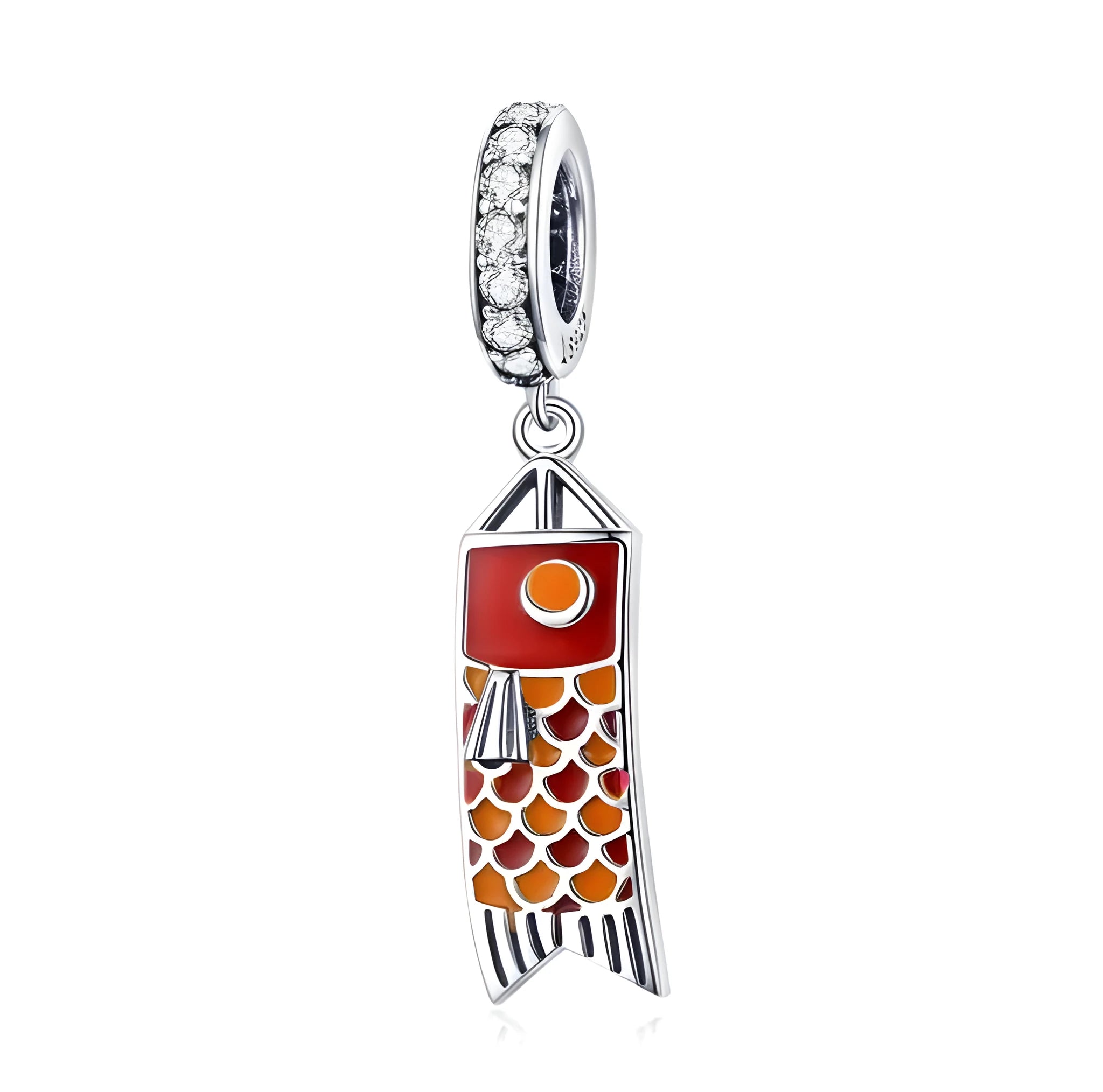 S925 sterling silver carp fish streamer pendant charm with zircon stones.