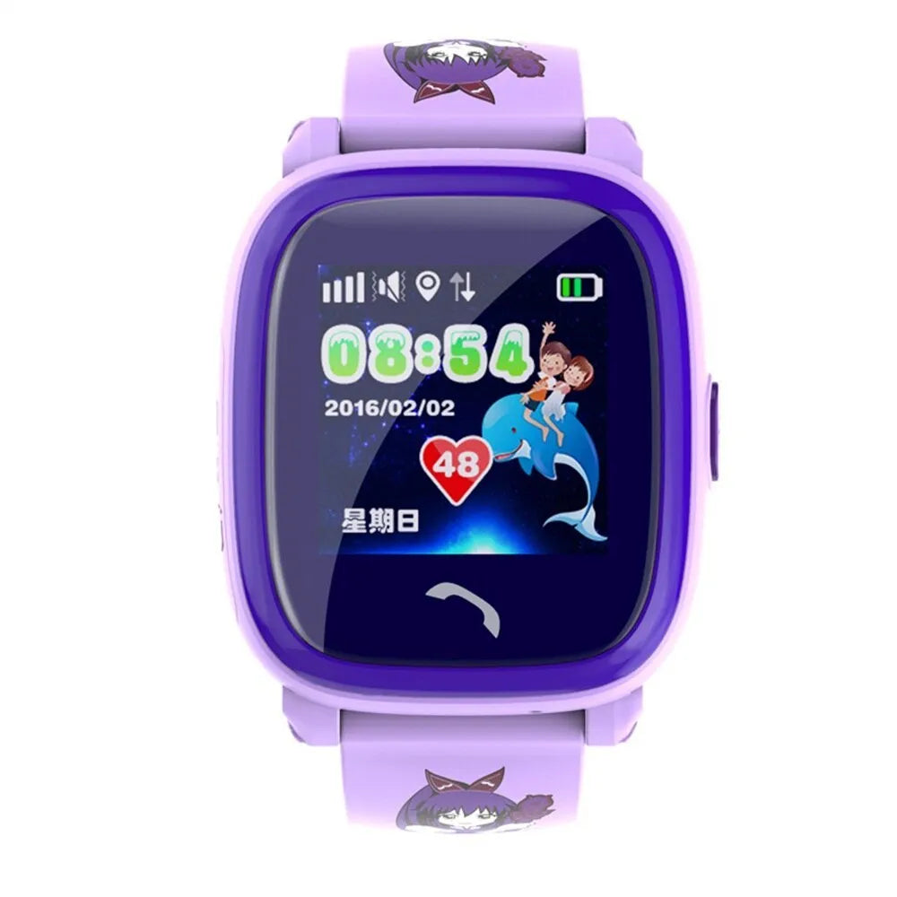 Blue DF25 children's waterproof smartwatch with touchscreen display and silicone strap on a wrist.