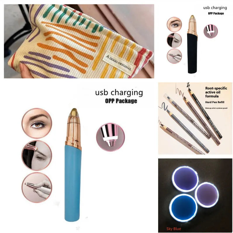 Eyebrow epilator pen with gold plated head and LED light on pink background
