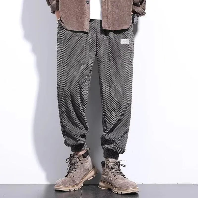 Men's grey ankle-tied casual sweatpants with straight leg design